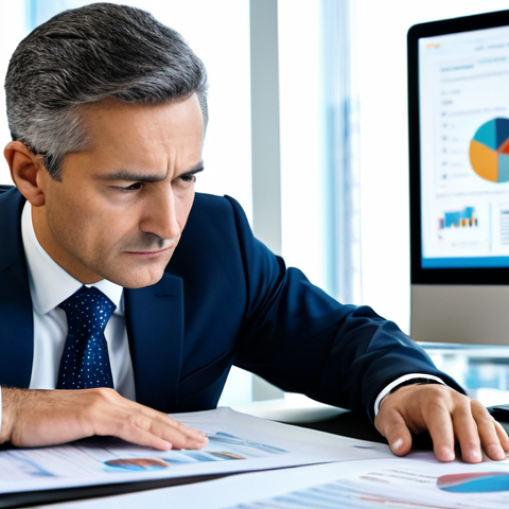A professional male auditor in a modest business suit, intently examining financial documents on a large, sleek desk in a contemporary, brightly lit office. A subtle, conceptual representation of a magnifying glass hovers over the documents, symbolizing meticulous scrutiny and professional skepticism. The background features blurred, abstract data visualizations on large screens, reinforcing the focus on financial integrity. The scene emphasizes trust, precision, and a calm, professional atmosphere. fully clothed, modest clothing, appropriate attire, professional dress, safe for work, appropriate content, perfect anatomy, correct proportions, natural pose, well-formed hands, proper finger count, natural body proportions.