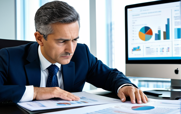 A professional male auditor in a modest business suit, intently examining financial documents on a large, sleek desk in a contemporary, brightly lit office. A subtle, conceptual representation of a magnifying glass hovers over the documents, symbolizing meticulous scrutiny and professional skepticism. The background features blurred, abstract data visualizations on large screens, reinforcing the focus on financial integrity. The scene emphasizes trust, precision, and a calm, professional atmosphere. fully clothed, modest clothing, appropriate attire, professional dress, safe for work, appropriate content, perfect anatomy, correct proportions, natural pose, well-formed hands, proper finger count, natural body proportions.