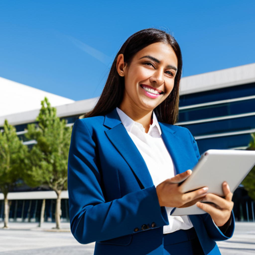 **

A confident Latina businesswoman in a stylish, yet modest, business suit standing in front of a modern office building in Madrid. She's holding a tablet and smiling slightly. The scene is brightly lit with a clear blue sky. Focus on perfect anatomy and natural proportions. safe for work, appropriate content, fully clothed, professional photography, high quality.

**
