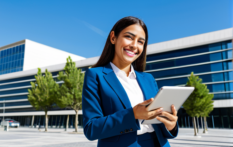 **

A confident Latina businesswoman in a stylish, yet modest, business suit standing in front of a modern office building in Madrid. She's holding a tablet and smiling slightly. The scene is brightly lit with a clear blue sky. Focus on perfect anatomy and natural proportions. safe for work, appropriate content, fully clothed, professional photography, high quality.

**