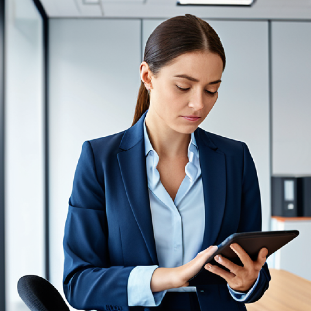 **Image:** A CPA auditor in a modern office setting, reviewing financial documents with a tablet in hand. She is wearing a professional business suit, fully clothed and appropriate for work. The scene emphasizes data analysis and technology. Safe for work, perfect anatomy, natural pose, high quality.