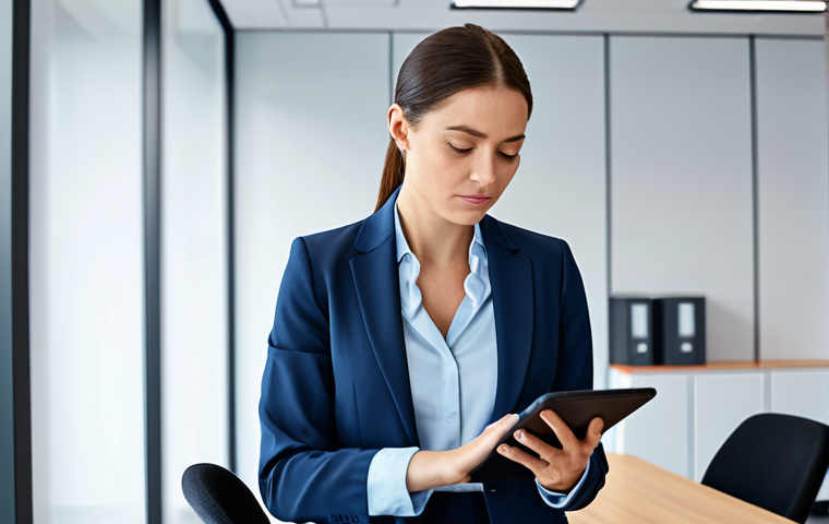 **Image:** A CPA auditor in a modern office setting, reviewing financial documents with a tablet in hand. She is wearing a professional business suit, fully clothed and appropriate for work. The scene emphasizes data analysis and technology. Safe for work, perfect anatomy, natural pose, high quality.