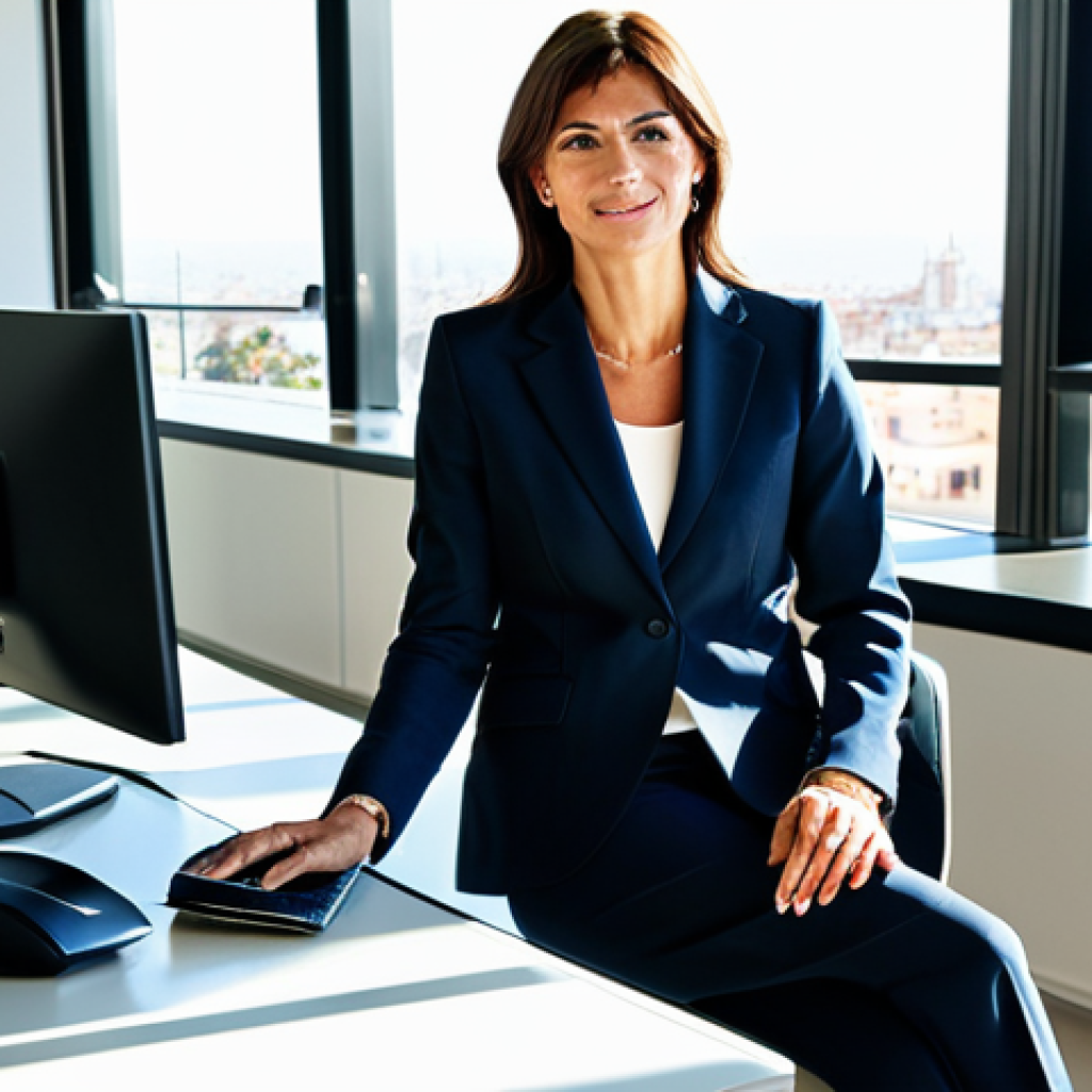 ** A successful Spanish businesswoman in a tailored business suit, sitting at a modern desk in a bright, sunlit Barcelona office. Fully clothed, appropriate attire, safe for work, perfect anatomy, natural proportions, professional photography, high quality, professional environment, family-friendly.

**