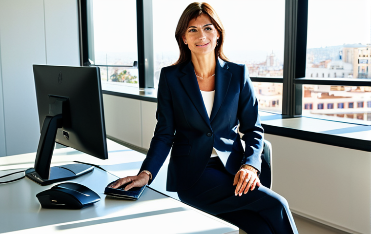 ** A successful Spanish businesswoman in a tailored business suit, sitting at a modern desk in a bright, sunlit Barcelona office. Fully clothed, appropriate attire, safe for work, perfect anatomy, natural proportions, professional photography, high quality, professional environment, family-friendly.

**