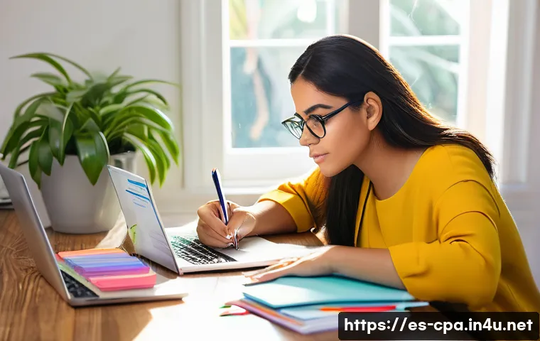 CPA 실기 시험 팁 - A focused young adult Hispanic woman studying at a wooden desk in a bright, cozy room decorated with...