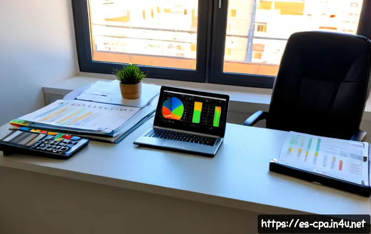 공인회계사 업무 효율 향상 팁 - Photorealistic Spanish chartered accountant working efficiently in a bright modern office in Madrid,...