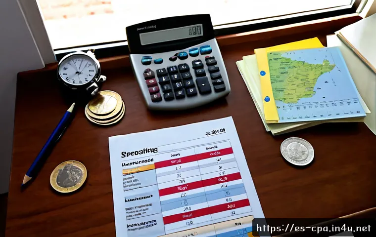 공인회계사 기출문제 활용법 - Photorealistic overhead study scene for a Spanish-speaking accounting exam candidate, organized wood...